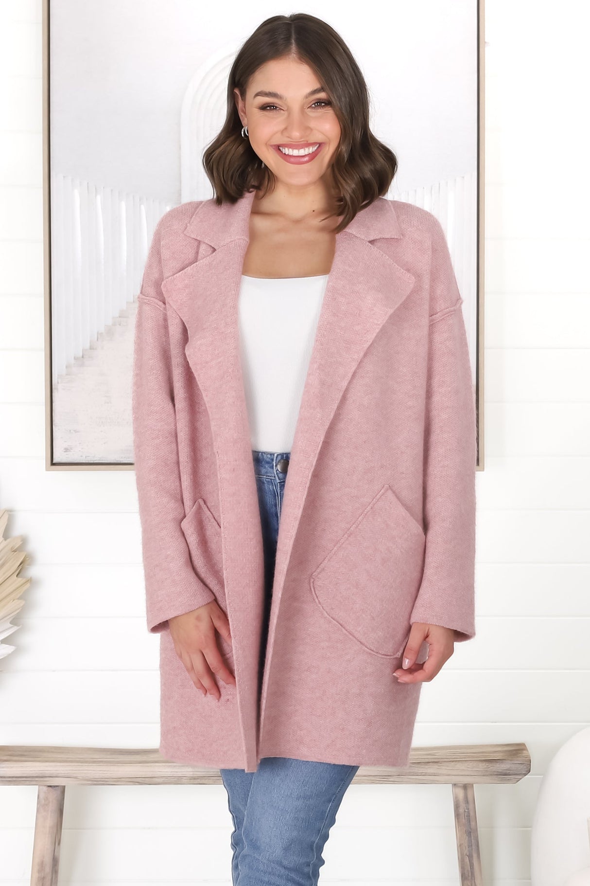 Kierce Cardigan - Folded Lapel Collar Coatigan with Pockets in Blush