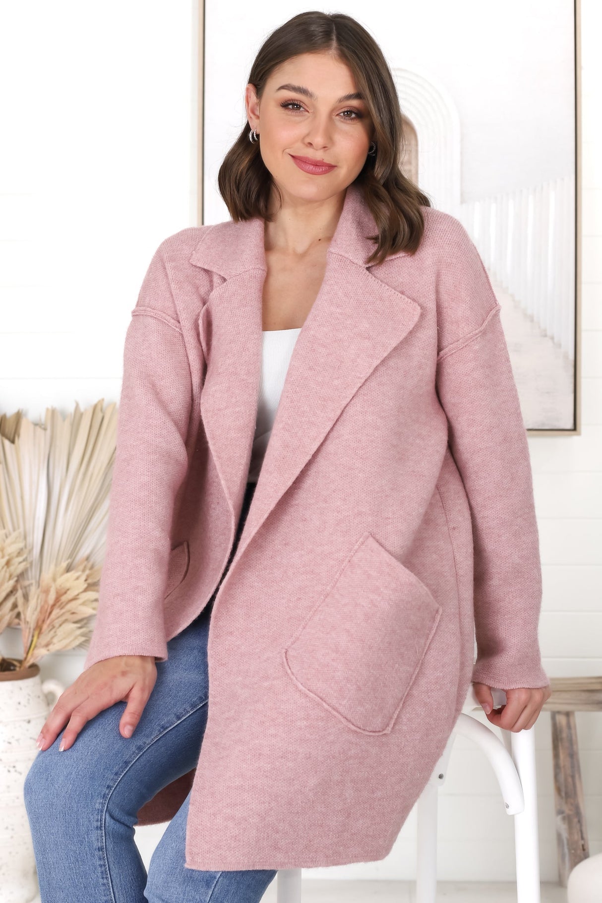 Kierce Cardigan - Folded Lapel Collar Coatigan with Pockets in Blush