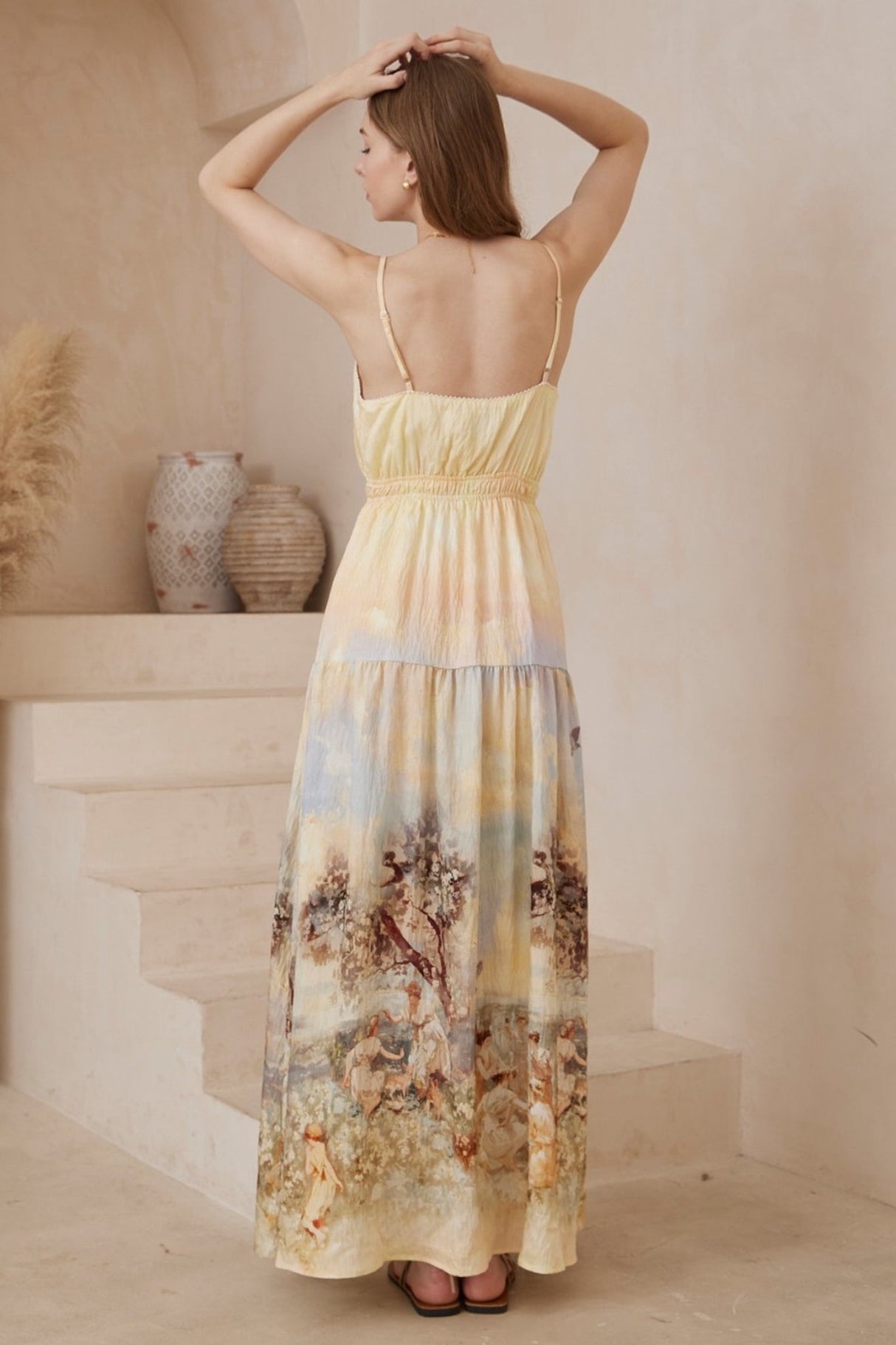 Kelda Maxi Dress - Spahetti Strap Gathered Waist Sun Dress in Grasie Print