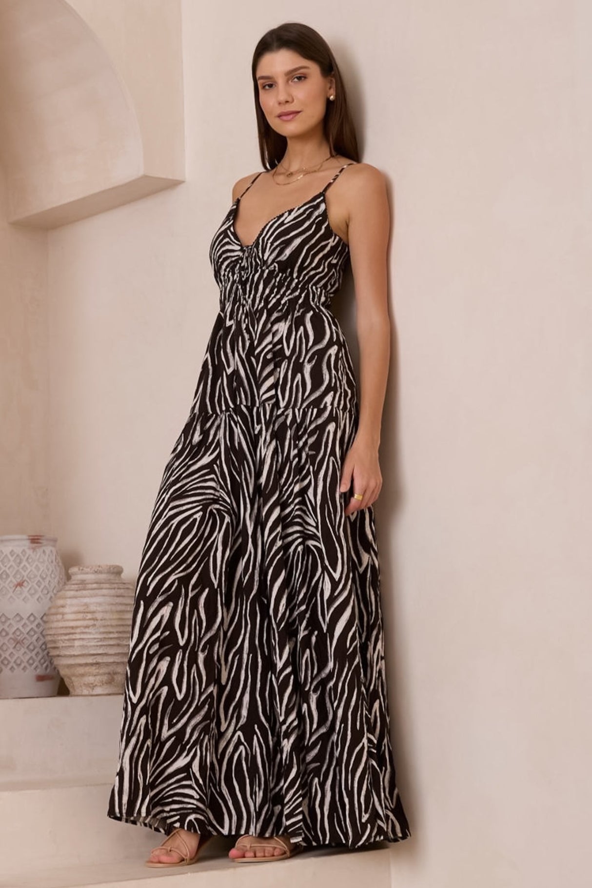 Kelda Maxi Dress - Spahetti Strap Gathered Waist Sun Dress in Karis Print