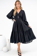 Kella Midi Dress - V Neck Long Sleeve A Line Tiered Dress in Black