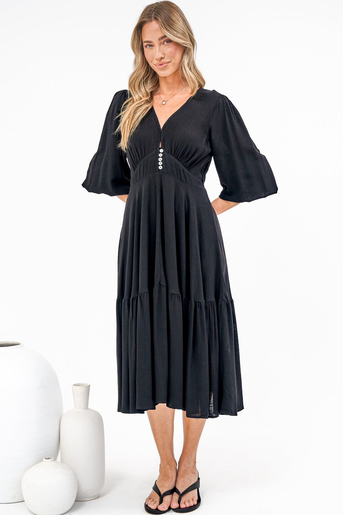 Kella Midi Dress - V Neck Long Sleeve A Line Tiered Dress in Black