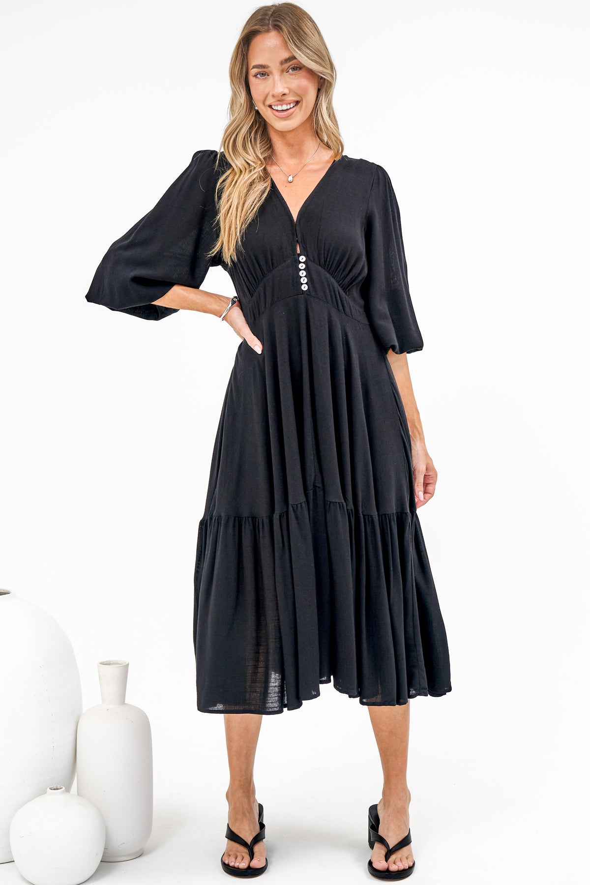 Kella Midi Dress - V Neck Long Sleeve A Line Tiered Dress in Black