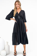 Kella Midi Dress - V Neck Long Sleeve A Line Tiered Dress in Black