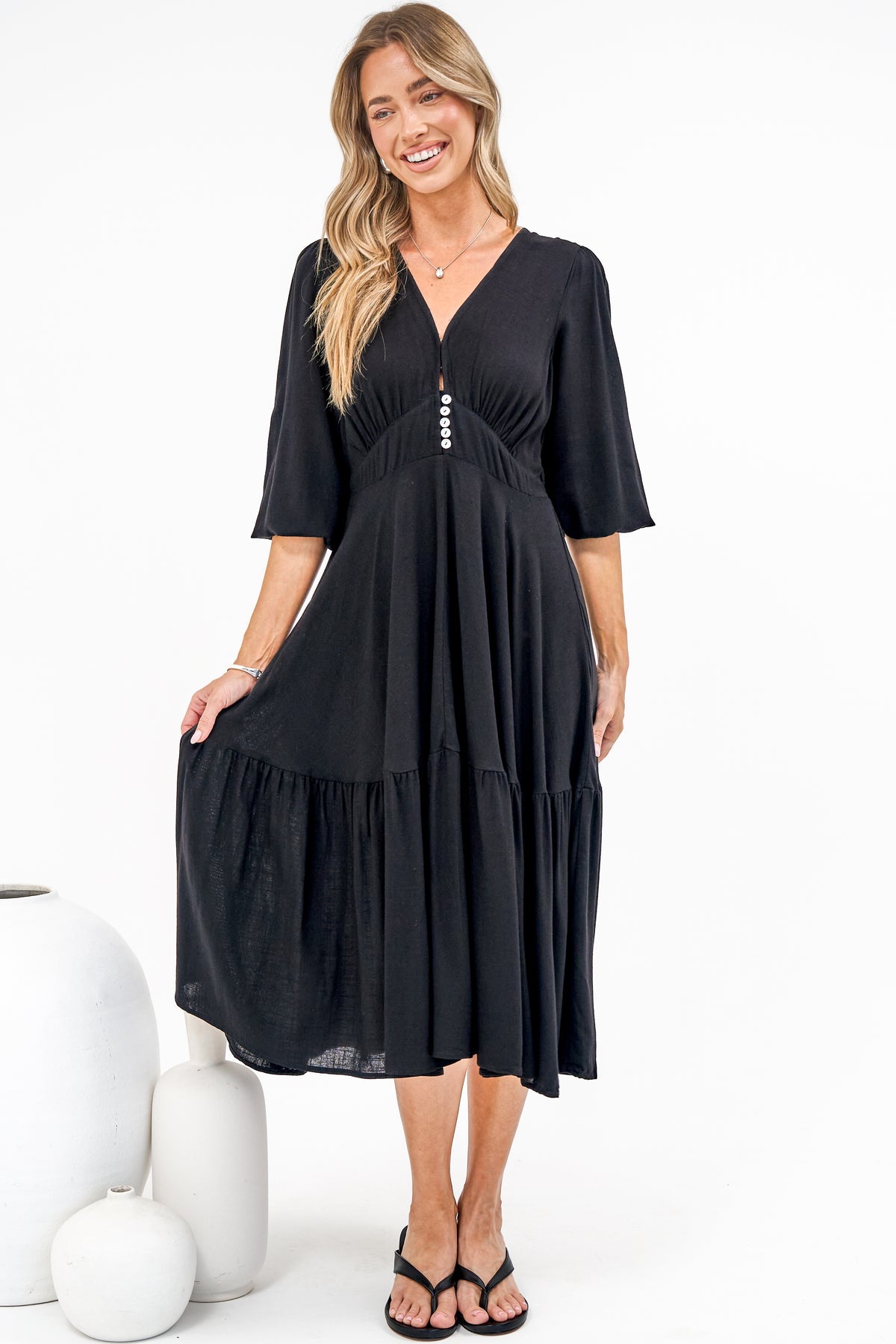 Kella Midi Dress - V Neck Long Sleeve A Line Tiered Dress in Black