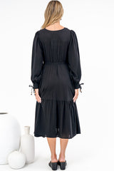 Kella Midi Dress - V Neck Long Sleeve A Line Tiered Dress in Black