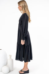Kella Midi Dress - V Neck Long Sleeve A Line Tiered Dress in Black