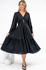 Kella Midi Dress - V Neck Long Sleeve A Line Tiered Dress in Black