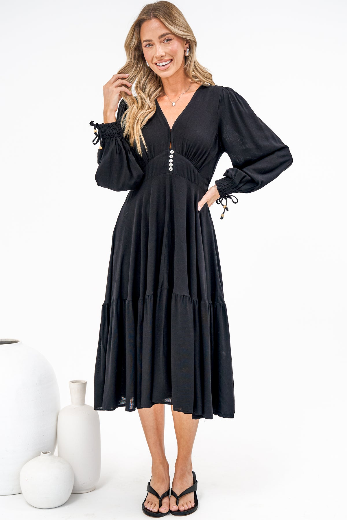Kella Midi Dress - V Neck Long Sleeve A Line Tiered Dress in Black