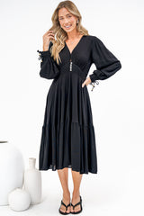 Kella Midi Dress - V Neck Long Sleeve A Line Tiered Dress in Black