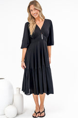 Kella Midi Dress - V Neck Long Sleeve A Line Tiered Dress in Black