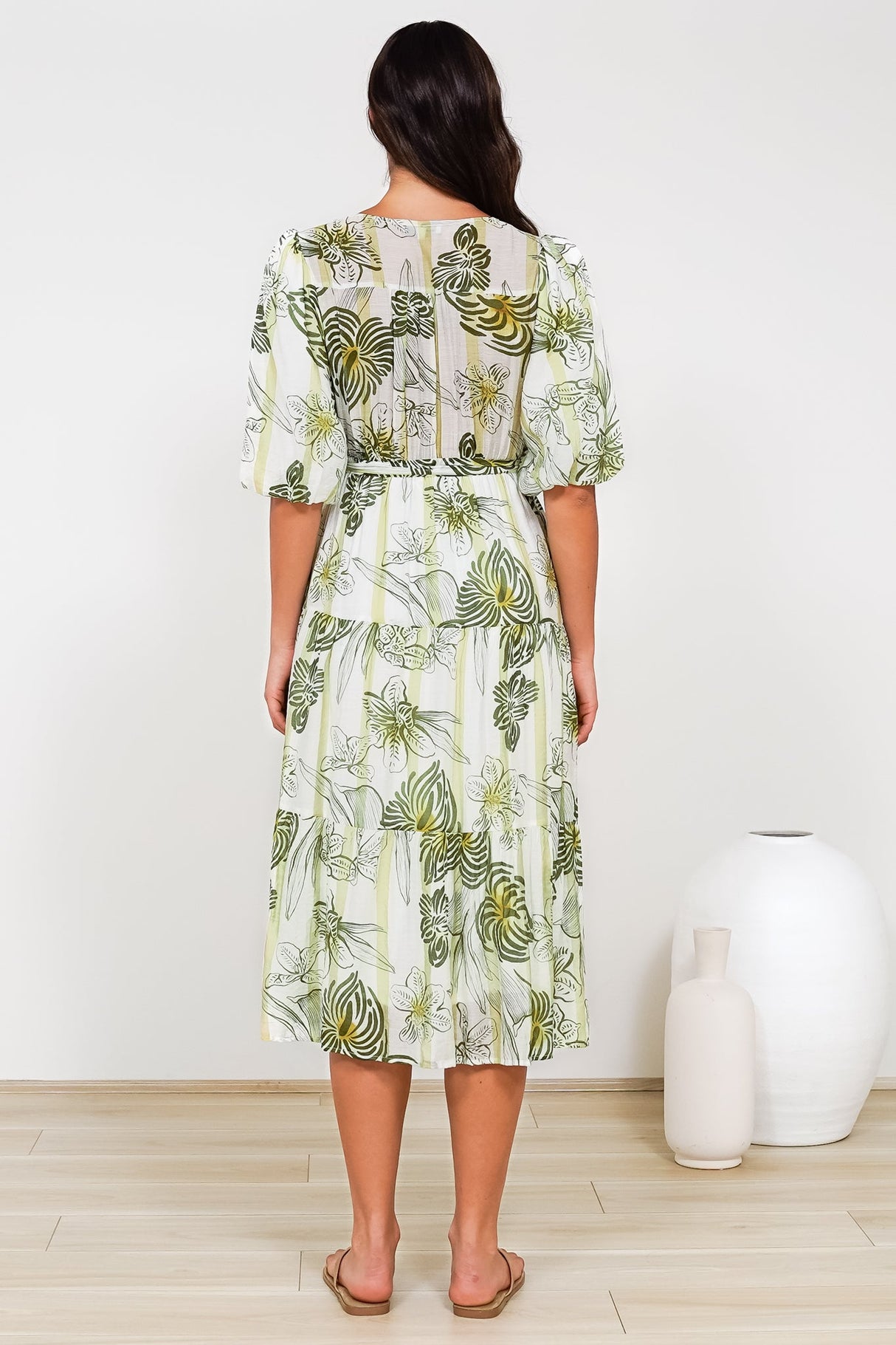 Kellee Midi Dress - V-Neckline Tiered Dress with Balloon Sleeves in Hyper Print