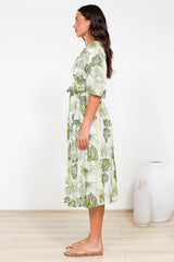 Kellee Midi Dress - V-Neckline Tiered Dress with Balloon Sleeves in Hyper Print