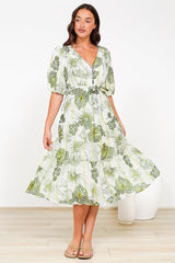 Kellee Midi Dress - V-Neckline Tiered Dress with Balloon Sleeves in Hyper Print