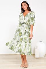 Kellee Midi Dress - V-Neckline Tiered Dress with Balloon Sleeves in Hyper Print