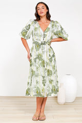 Kellee Midi Dress - V-Neckline Tiered Dress with Balloon Sleeves in Hyper Print