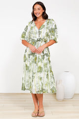 Kellee Midi Dress - V-Neckline Tiered Dress with Balloon Sleeves in Hyper Print