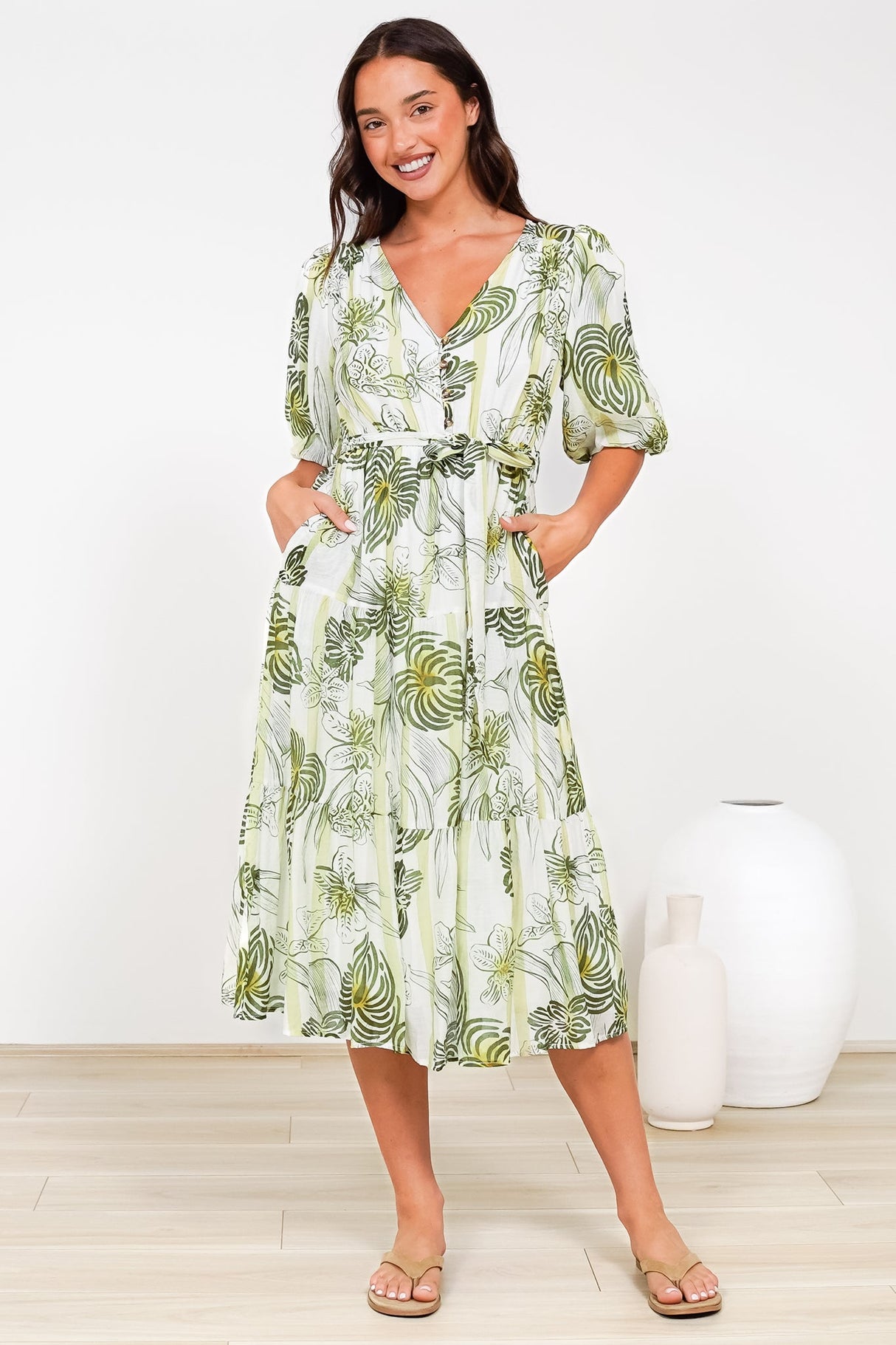 Kellee Midi Dress - V-Neckline Tiered Dress with Balloon Sleeves in Hyper Print