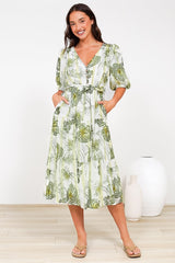 Kellee Midi Dress - V-Neckline Tiered Dress with Balloon Sleeves in Hyper Print