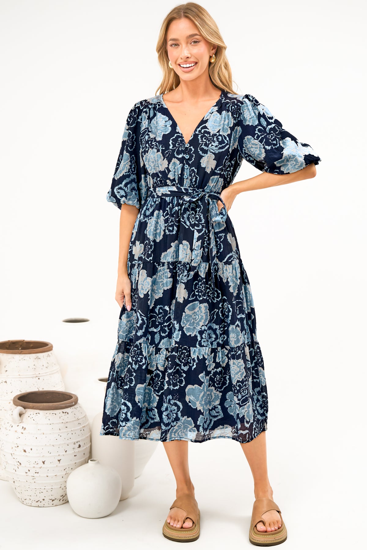 Kellee Midi Dress - V-Neckline Tiered Dress with Balloon Sleeves in Moorea Print