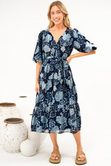 Kellee Midi Dress - V-Neckline Tiered Dress with Balloon Sleeves in Moorea Print
