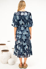 Kellee Midi Dress - V-Neckline Tiered Dress with Balloon Sleeves in Moorea Print