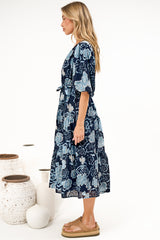 Kellee Midi Dress - V-Neckline Tiered Dress with Balloon Sleeves in Moorea Print