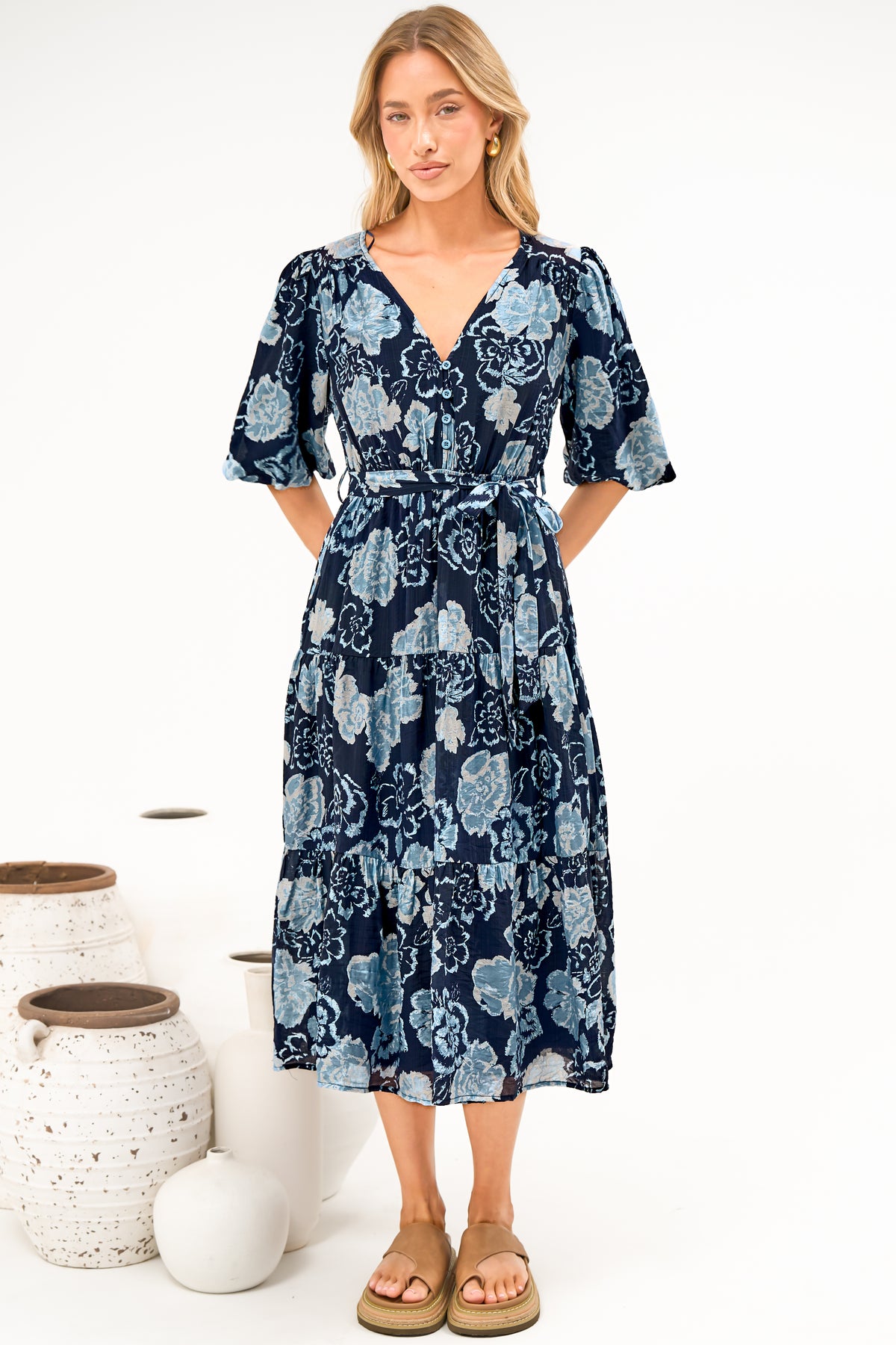 Kellee Midi Dress - V-Neckline Tiered Dress with Balloon Sleeves in Moorea Print