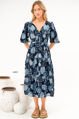 Kellee Midi Dress - V-Neckline Tiered Dress with Balloon Sleeves in Moorea Print