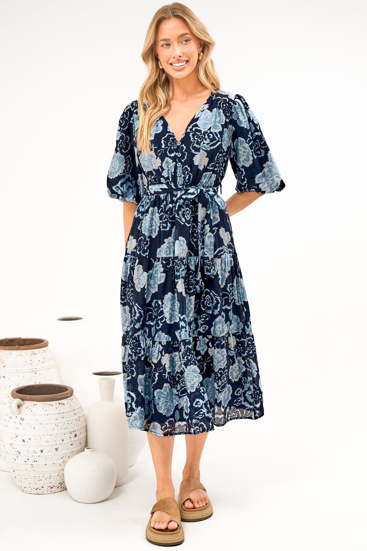 Kellee Midi Dress - V-Neckline Tiered Dress with Balloon Sleeves in Moorea Print