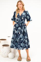 Kellee Midi Dress - V-Neckline Tiered Dress with Balloon Sleeves in Moorea Print