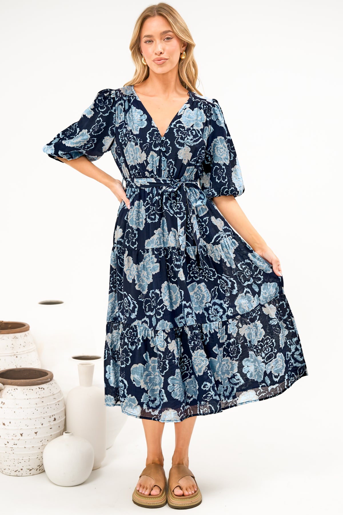 Kellee Midi Dress - V-Neckline Tiered Dress with Balloon Sleeves in Moorea Print