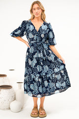Kellee Midi Dress - V-Neckline Tiered Dress with Balloon Sleeves in Moorea Print