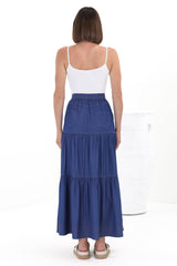 Kelso Maxi Skirt - High Waisted Contrast Stitching A-Line Skirt in Denim Blue