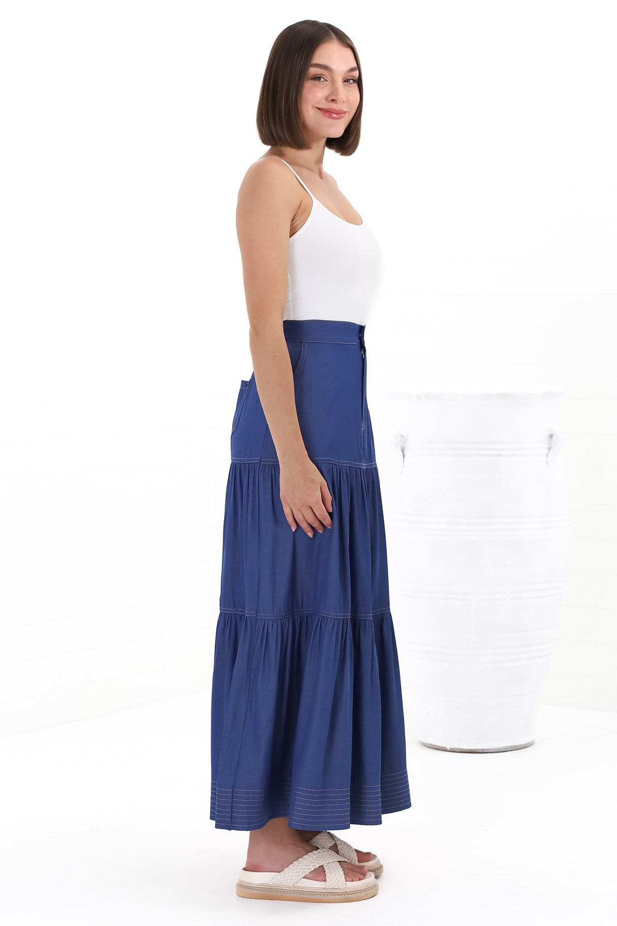 Kelso Maxi Skirt - High Waisted Contrast Stitching A-Line Skirt in Denim Blue