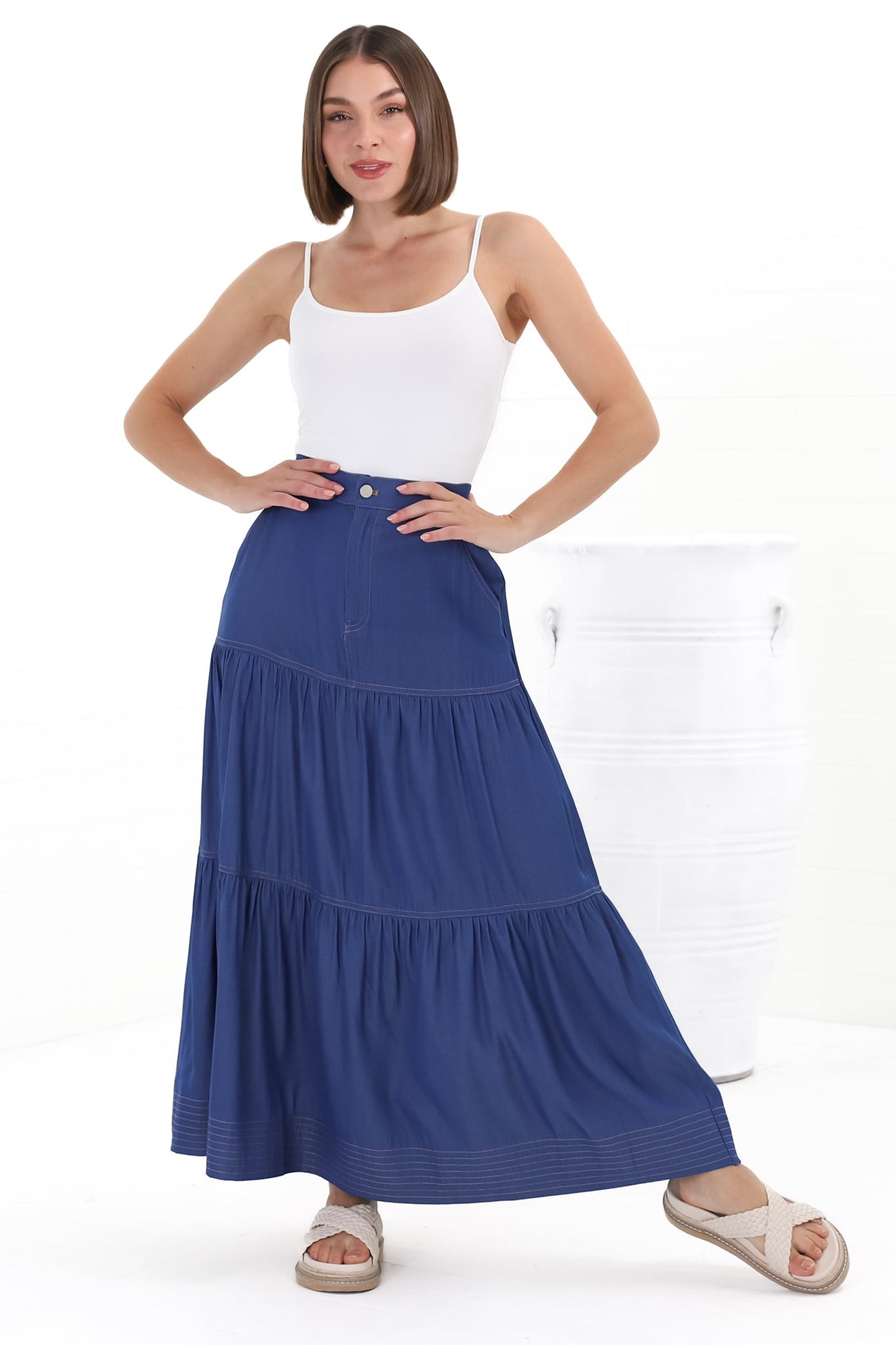 Kelso Maxi Skirt - High Waisted Contrast Stitching A-Line Skirt in Denim Blue