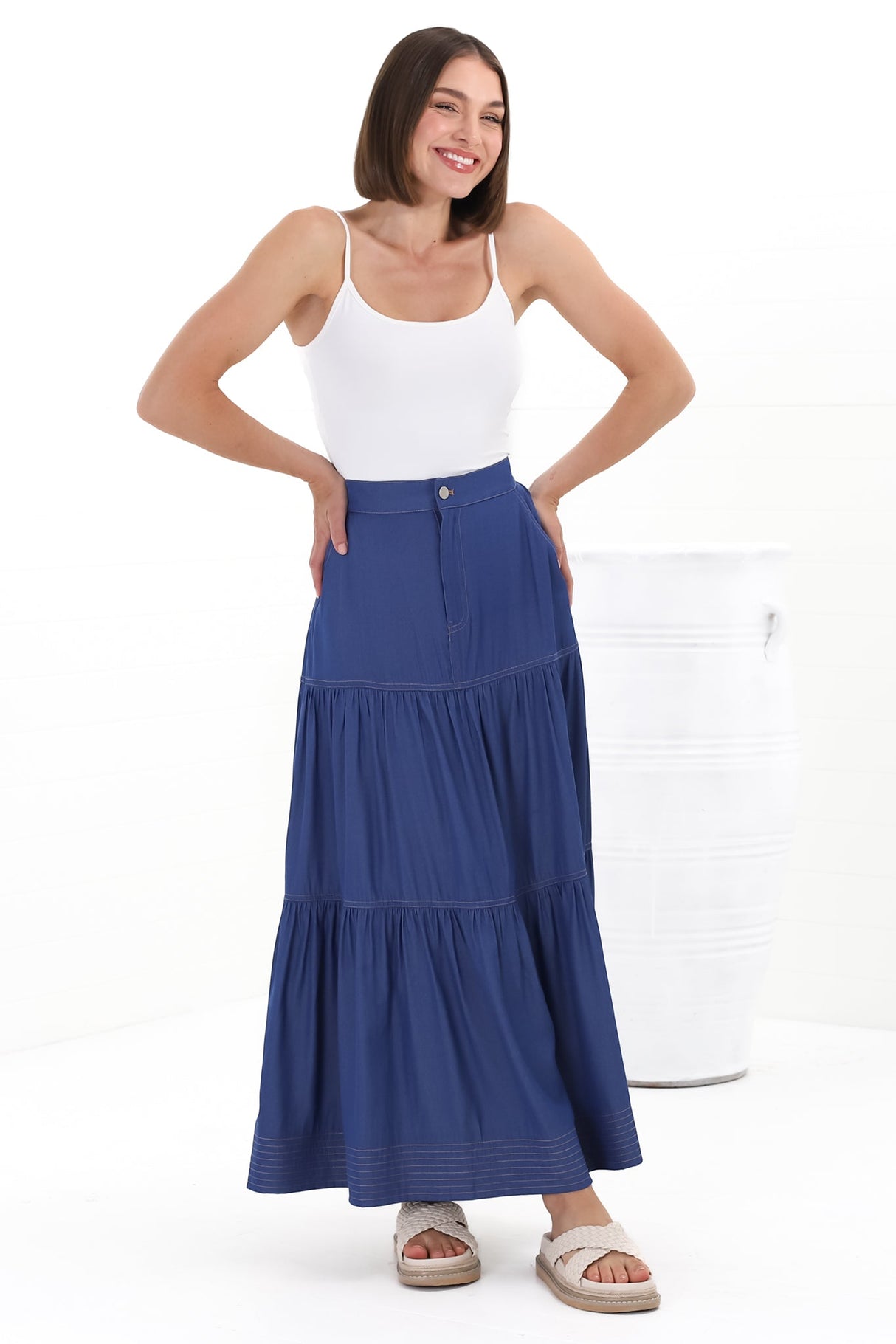 Kelso Maxi Skirt - High Waisted Contrast Stitching A-Line Skirt in Denim Blue