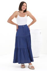 Kelso Maxi Skirt - High Waisted Contrast Stitching A-Line Skirt in Denim Blue