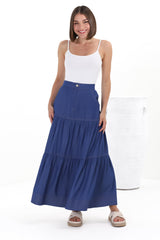 Kelso Maxi Skirt - High Waisted Contrast Stitching A-Line Skirt in Denim Blue