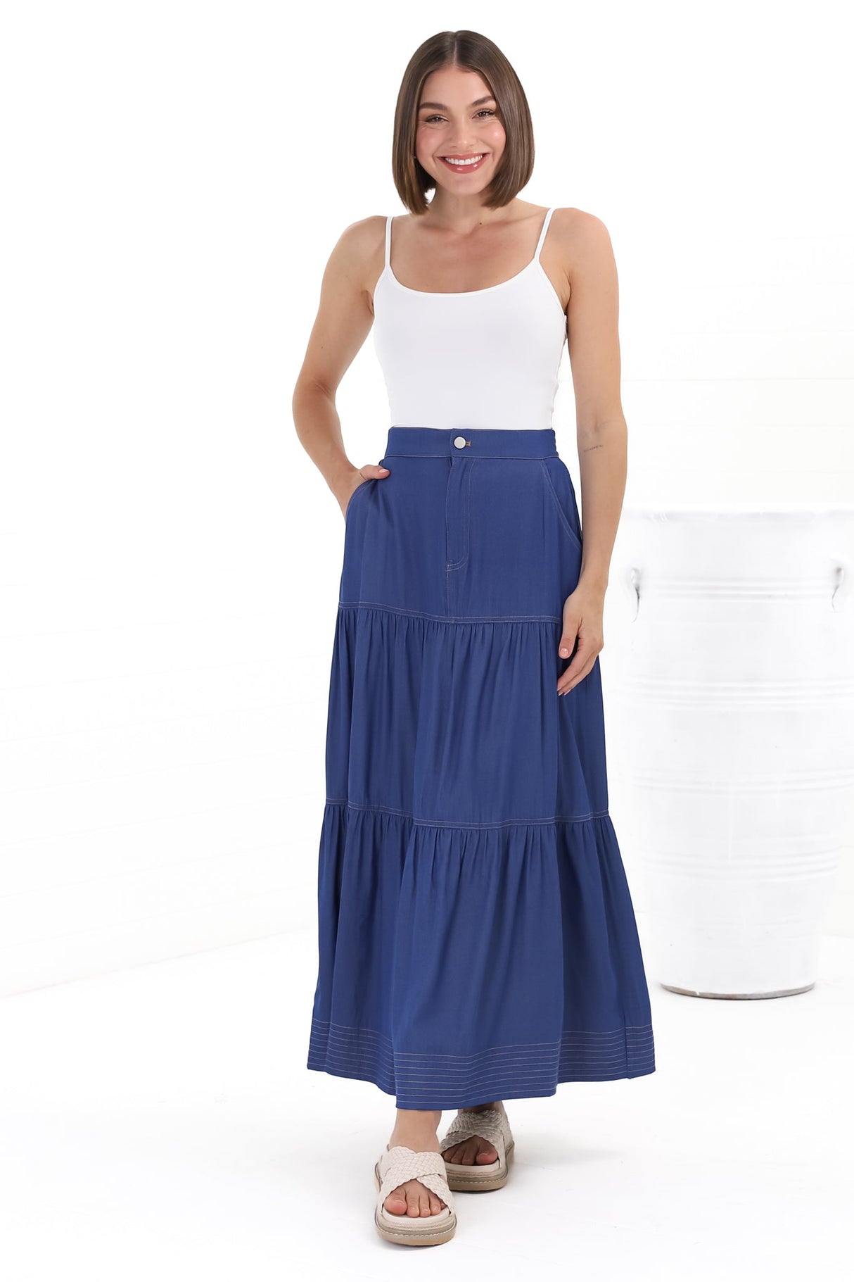 Kelso Maxi Skirt - High Waisted Contrast Stitching A-Line Skirt in Denim Blue