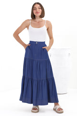 Kelso Maxi Skirt - High Waisted Contrast Stitching A-Line Skirt in Denim Blue