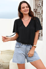 Kendra Top- V Neck Short Sleeve Top with Necktie in Black