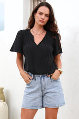 Kendra Top- V Neck Short Sleeve Top with Necktie in Black