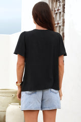 Kendra Top- V Neck Short Sleeve Top with Necktie in Black