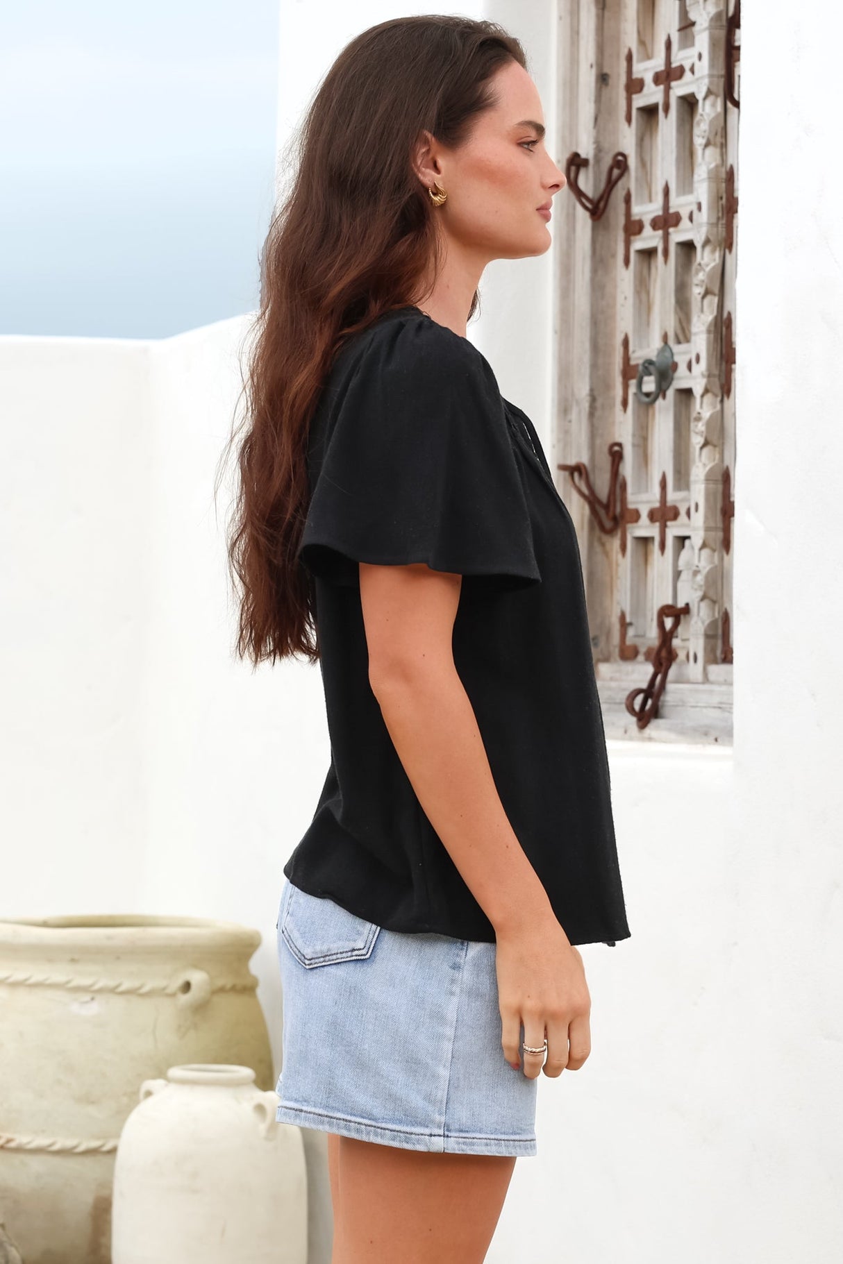 Kendra Top- V Neck Short Sleeve Top with Necktie in Black