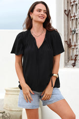 Kendra Top- V Neck Short Sleeve Top with Necktie in Black