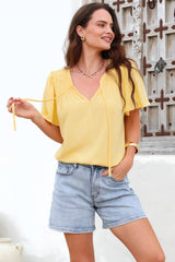 Kendra Top- V Neck Short Sleeve Top with Necktie in Lemon