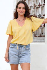 Kendra Top- V Neck Short Sleeve Top with Necktie in Lemon