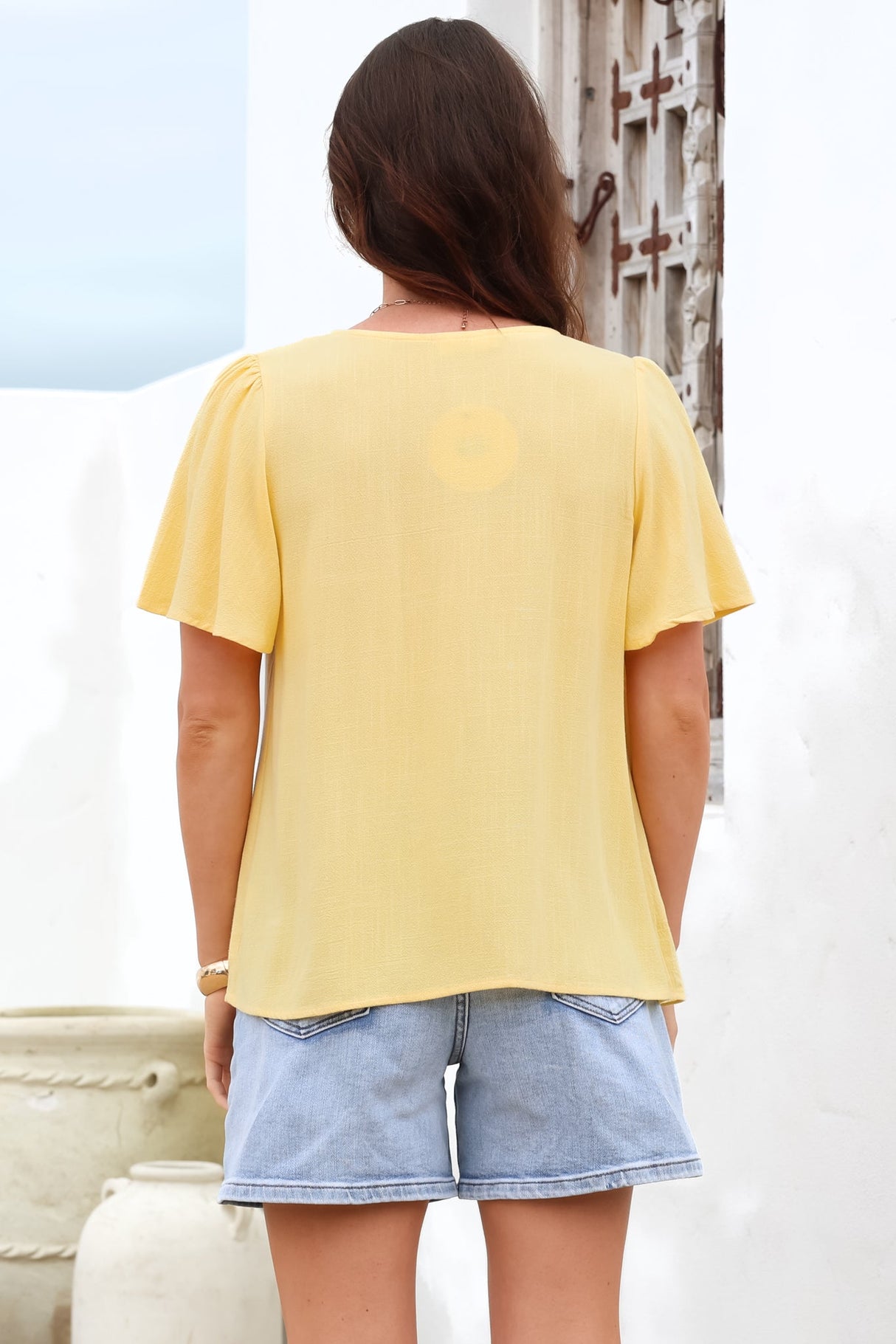 Kendra Top- V Neck Short Sleeve Top with Necktie in Lemon