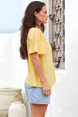 Kendra Top- V Neck Short Sleeve Top with Necktie in Lemon